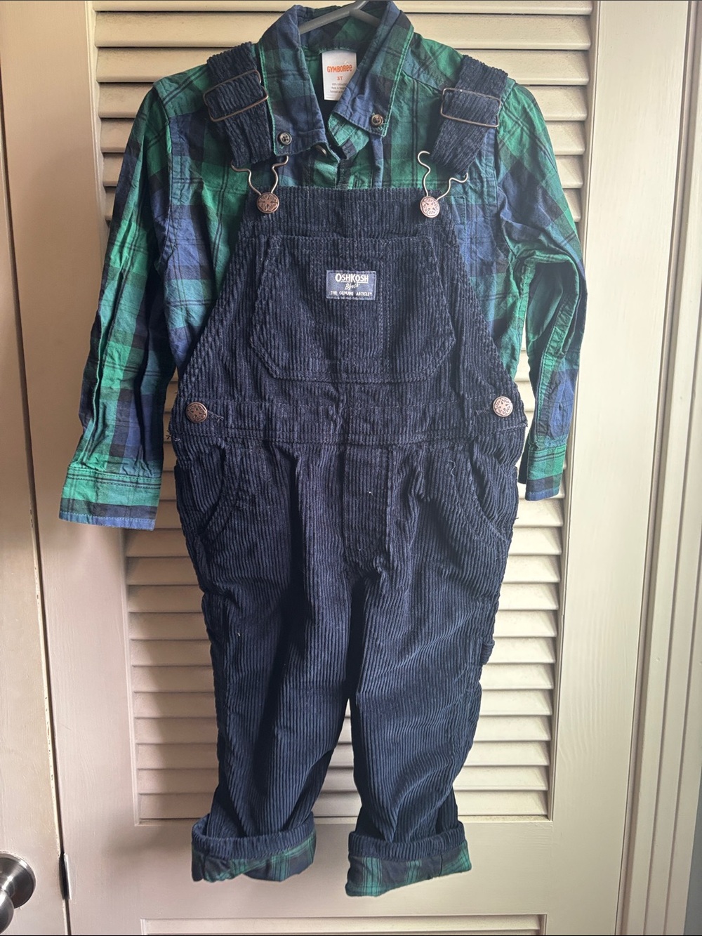 OshKosh B'gosh Navy Corduroy Overalls with Green & Blue Plaid Shirt